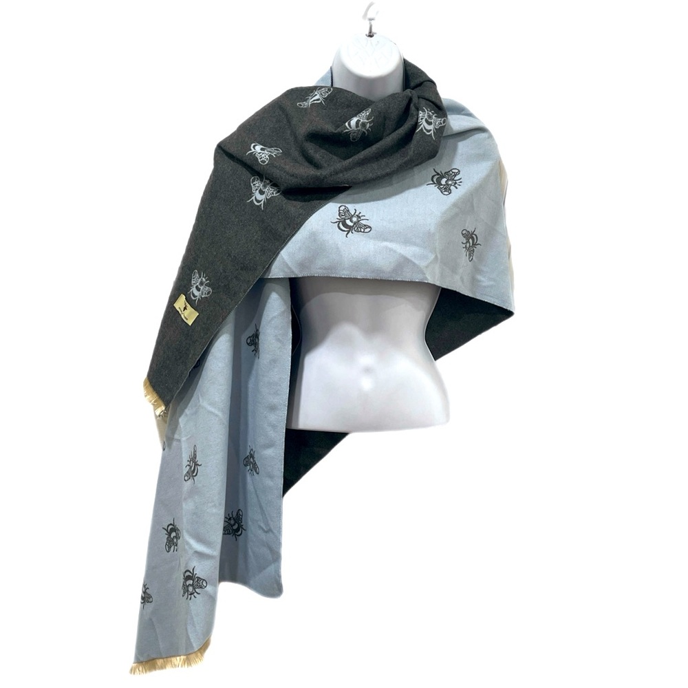 House of Tweed Blue Gray bumblebee Shawl Wrap Scarf  Large 72” X 24” Reversible
